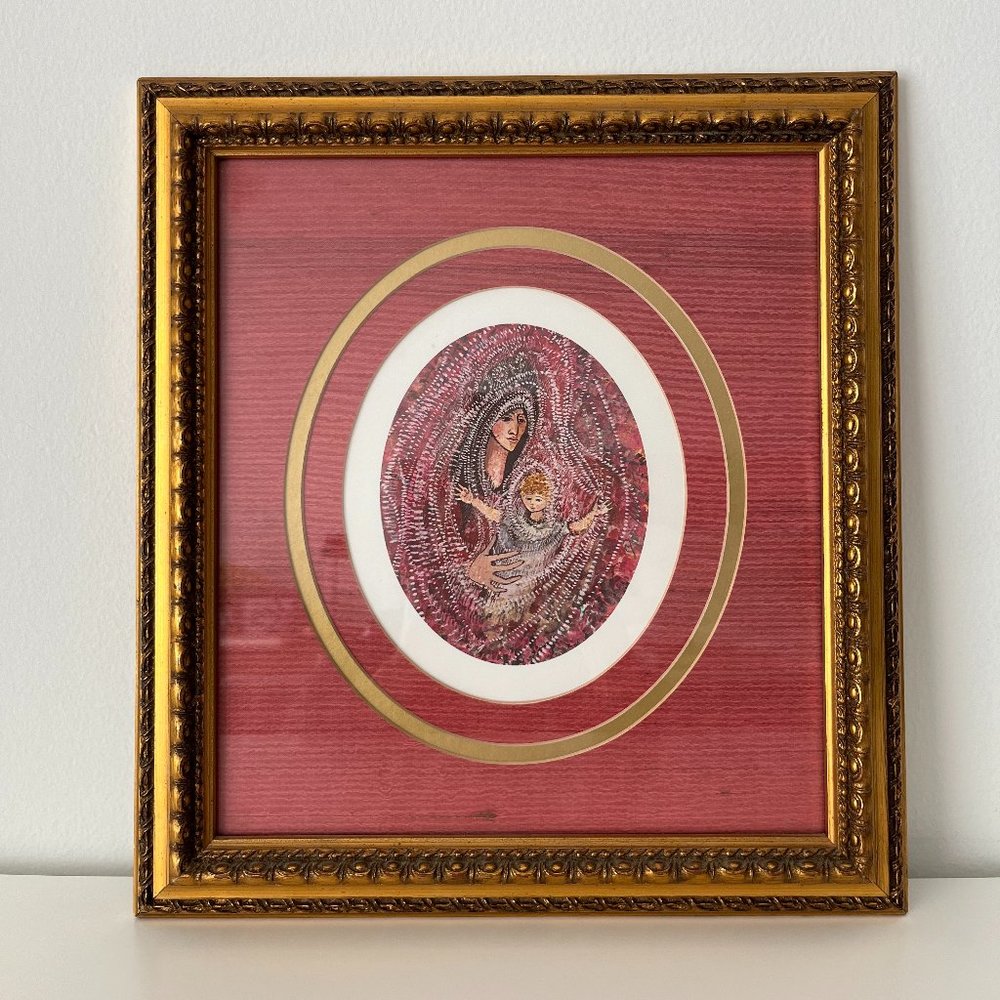 Woman and baby art print with oval mat, red and gold
